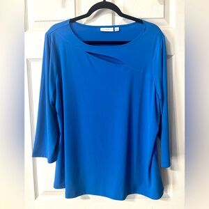 Susan Graver Liquid Knit Blue Tunic Top Cut Out Detail Size XL 3/4 Sleeves EUC